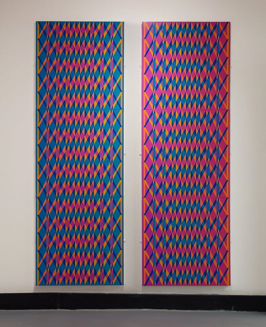 Gateways to Now — six colourful geometric paintings arranged as two vertical doorways at PS1 gallery.