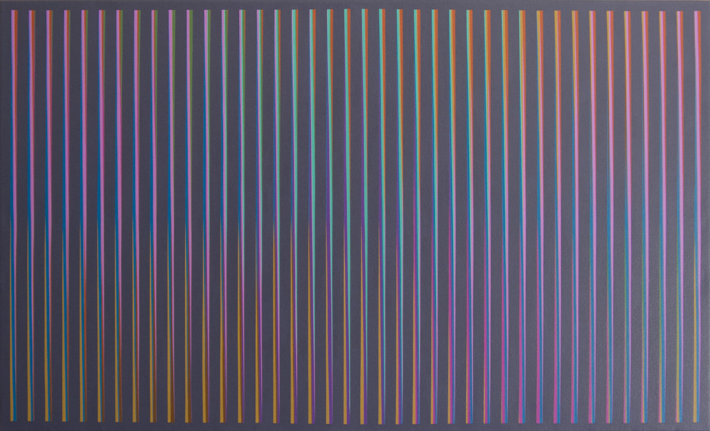 “Aurora (Rust and Navy)” – abstract painting with a dark background featuring vertical stripes transitioning in a twist from blue to purple.