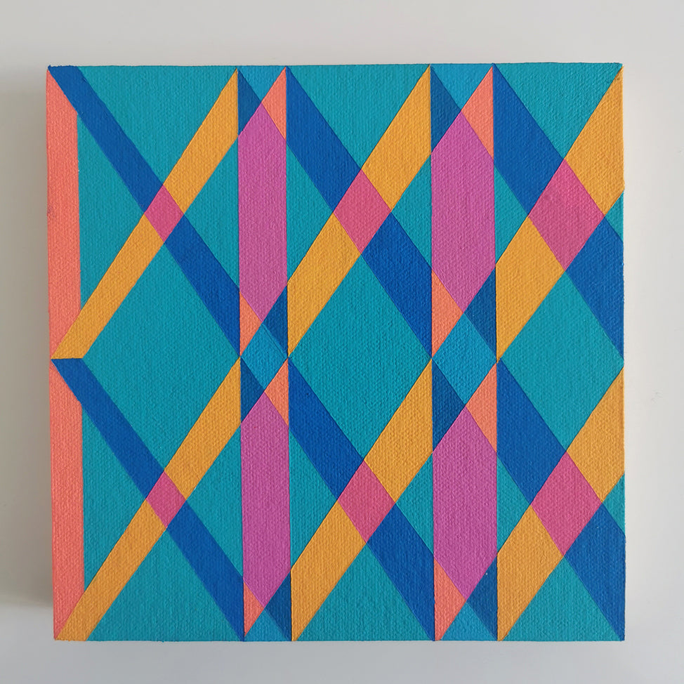 “B PG7/PB15:3 – PB15:3/PG7” – small abstract canvas painting with a geometric pattern blue, pink and orange on a white background. Part of the B.E.L.O.N.G.I.N.G modular series by Victoria Mardon.