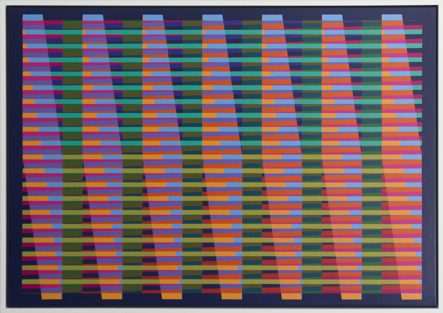 “Flux” – colourful abstract painting featuring horizontal stripes on a dark background. Dynamic interplay of vibrant colours and rhythmic patterns.