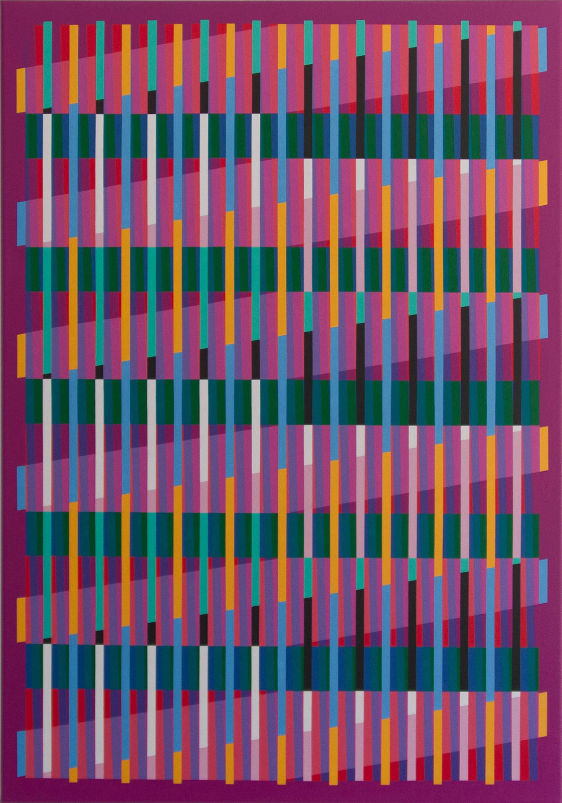 “Lux Magenta” – abstract painting with a colourful geometric pattern on a rich magenta background. Original artwork by Victoria Mardon, 100 x 70 cm.