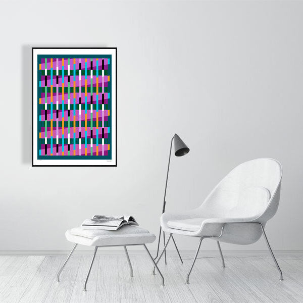 Modern interior featuring a vibrant Lux Series abstract print by Victoria Mardon, displayed on a white wall with minimalist white furniture.