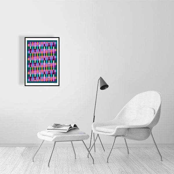 Modern interior featuring a vibrant Lux Series abstract print by Victoria Mardon, displayed on a white wall with minimalist white furniture.