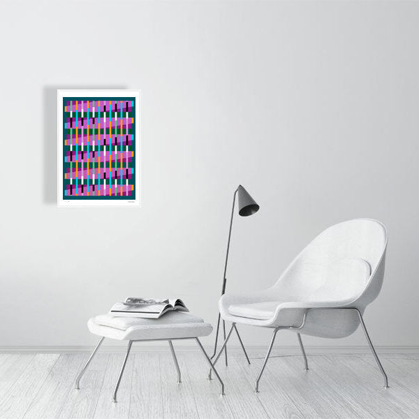 Modern interior featuring a vibrant Lux Series abstract print by Victoria Mardon, displayed on a white wall with minimalist white furniture.