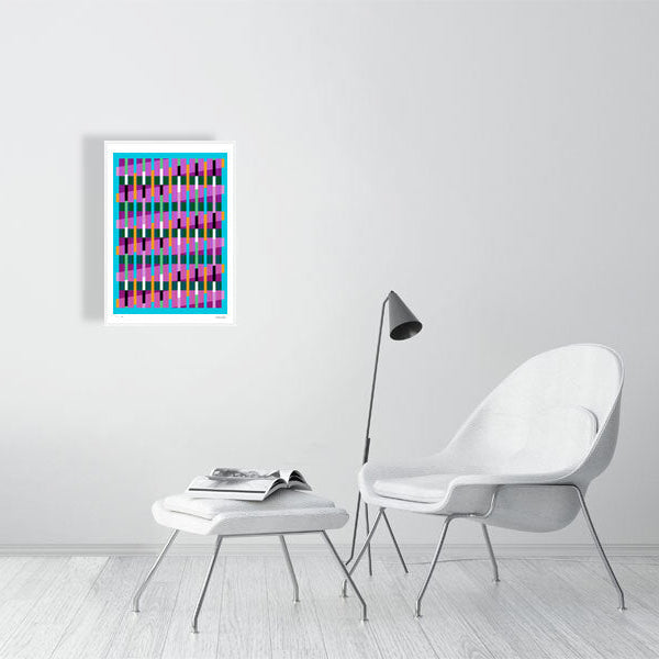 Modern interior featuring a vibrant Lux Series abstract print by Victoria Mardon, displayed on a white wall with minimalist white furniture.