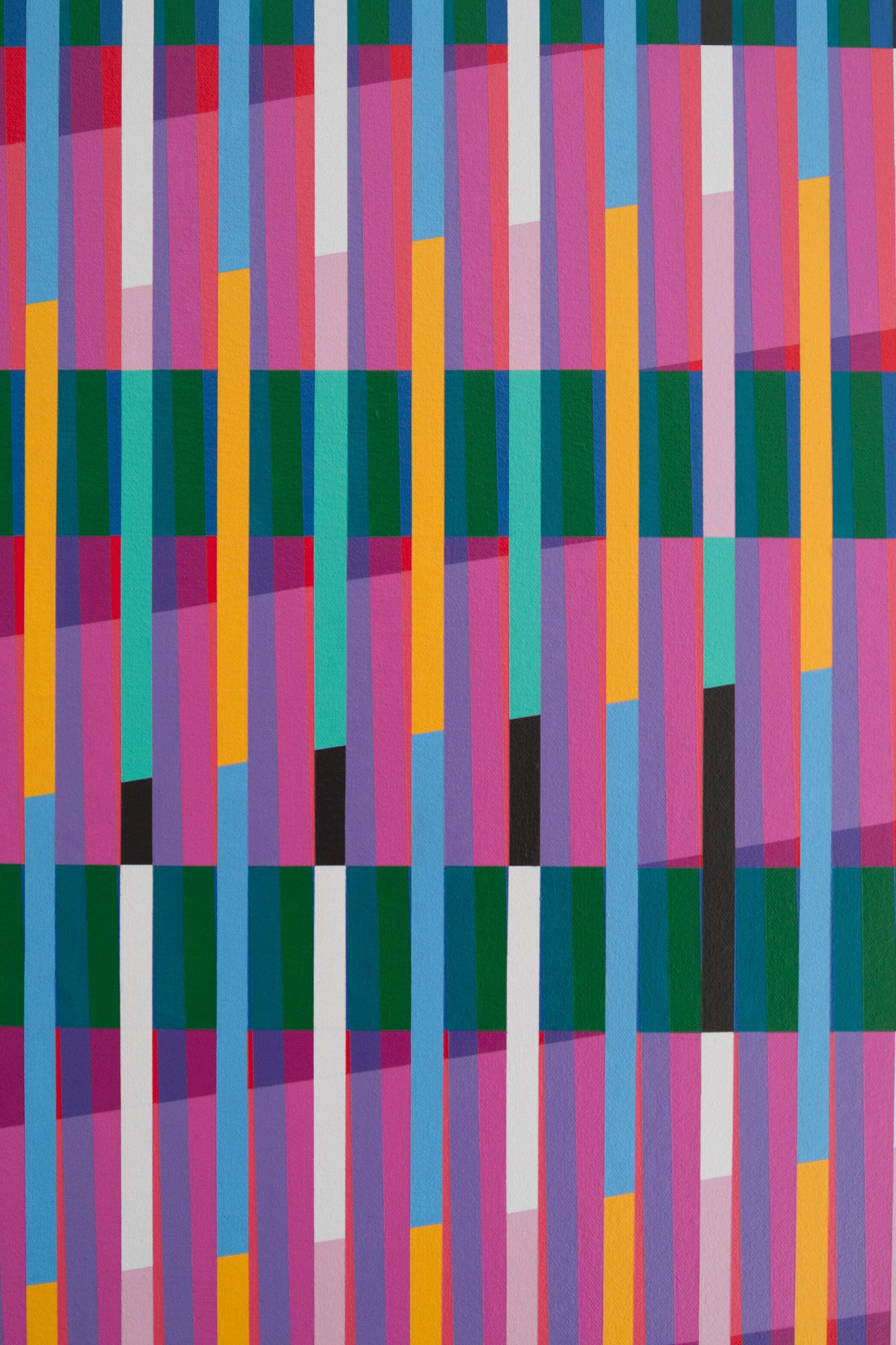 Close-up of Victoria Mardon’s Lux series – colourful geometric abstract painting with crisp lines and flat colour. Sharp detail of the composition’s pattern and structure.