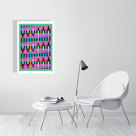 Modern interior featuring a vibrant Lux Series abstract print by Victoria Mardon, displayed on a white wall with minimalist white furniture.