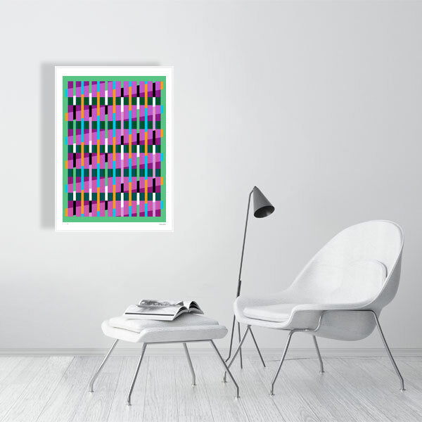 Modern interior featuring a vibrant Lux Series abstract print by Victoria Mardon, displayed on a white wall with minimalist white furniture.