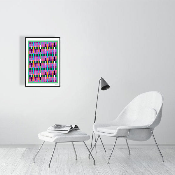 Modern interior featuring a vibrant Lux Series abstract print by Victoria Mardon, displayed on a white wall with minimalist white furniture.