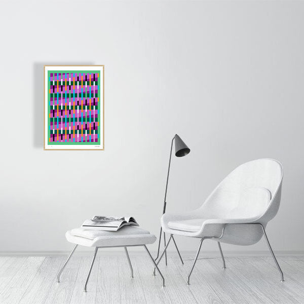 Modern interior featuring a vibrant Lux Series abstract print by Victoria Mardon, displayed on a white wall with minimalist white furniture.