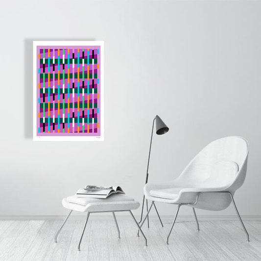 Modern interior featuring a vibrant Lux Series abstract print by Victoria Mardon, displayed on a white wall with minimalist white furniture.