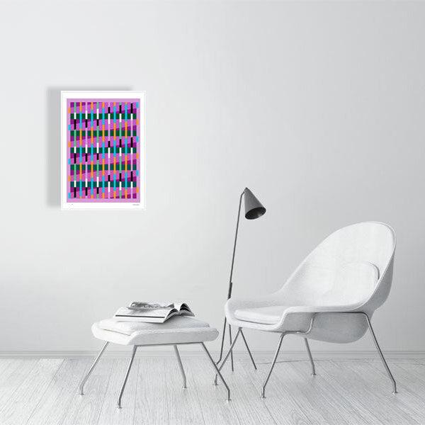 Modern interior featuring a vibrant Lux Series abstract print by Victoria Mardon, displayed on a white wall with minimalist white furniture.
