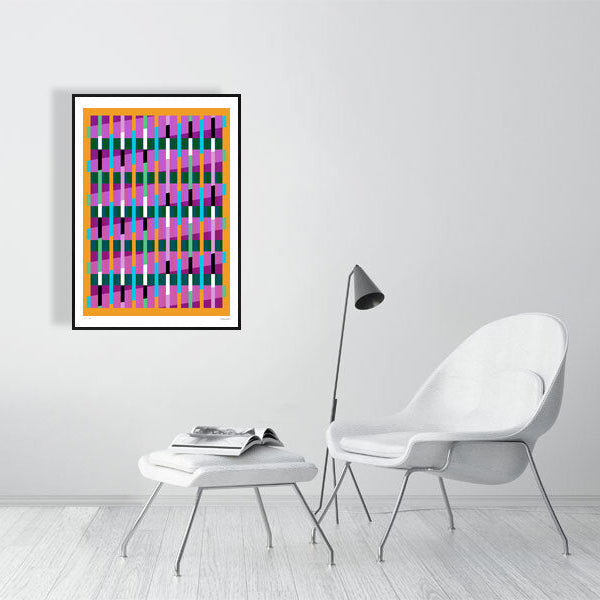 Modern interior featuring a vibrant Lux Series abstract print by Victoria Mardon, displayed on a white wall with minimalist white furniture.