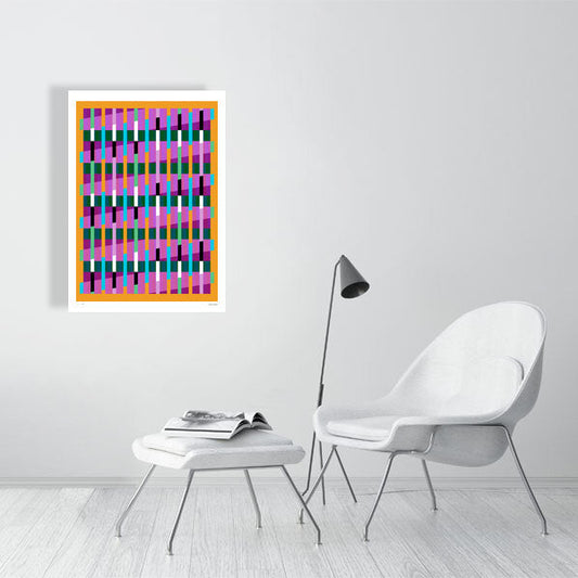 Modern interior featuring a vibrant Lux Series abstract print by Victoria Mardon, displayed on a white wall with minimalist white furniture.