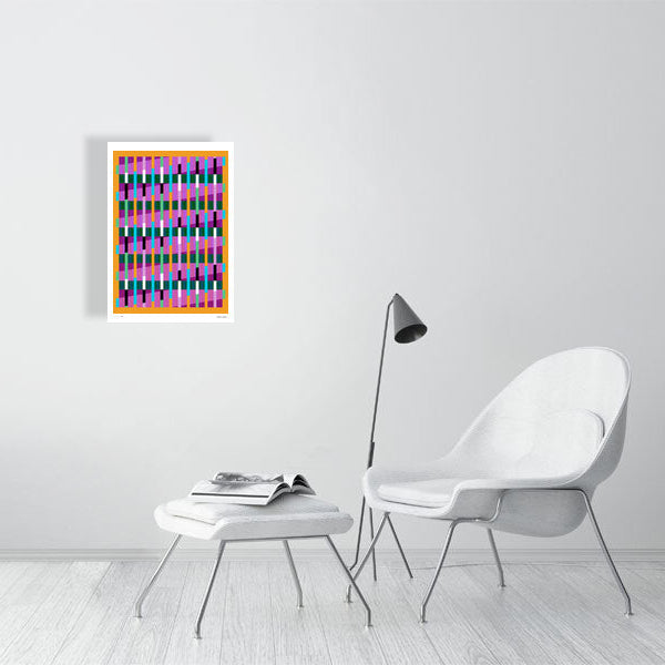 Modern interior featuring a vibrant Lux Series abstract print by Victoria Mardon, displayed on a white wall with minimalist white furniture.