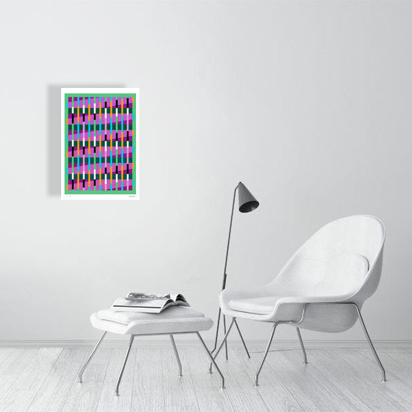 Modern interior featuring a vibrant Lux Series abstract print by Victoria Mardon, displayed on a white wall with minimalist white furniture.