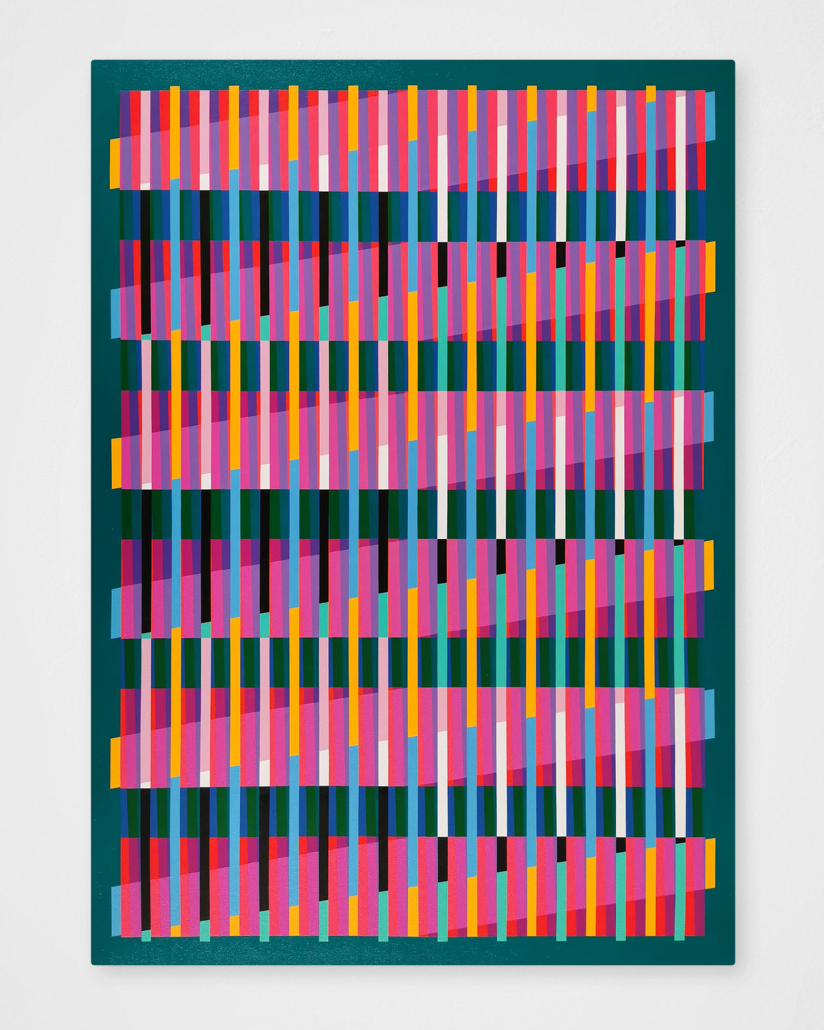 “Lux Turquoise” – abstract painting with a colourful geometric pattern on a bold turquoise background. Original artwork by Victoria Mardon, 100 x 70 cm.