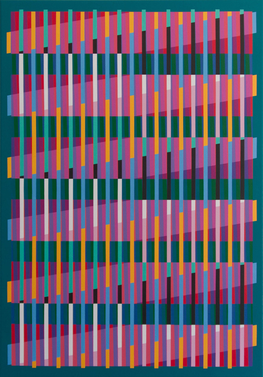“Lux Turquoise” – abstract painting with a colourful geometric pattern on a bold turquoise background. Original artwork by Victoria Mardon, 100 x 70 cm.