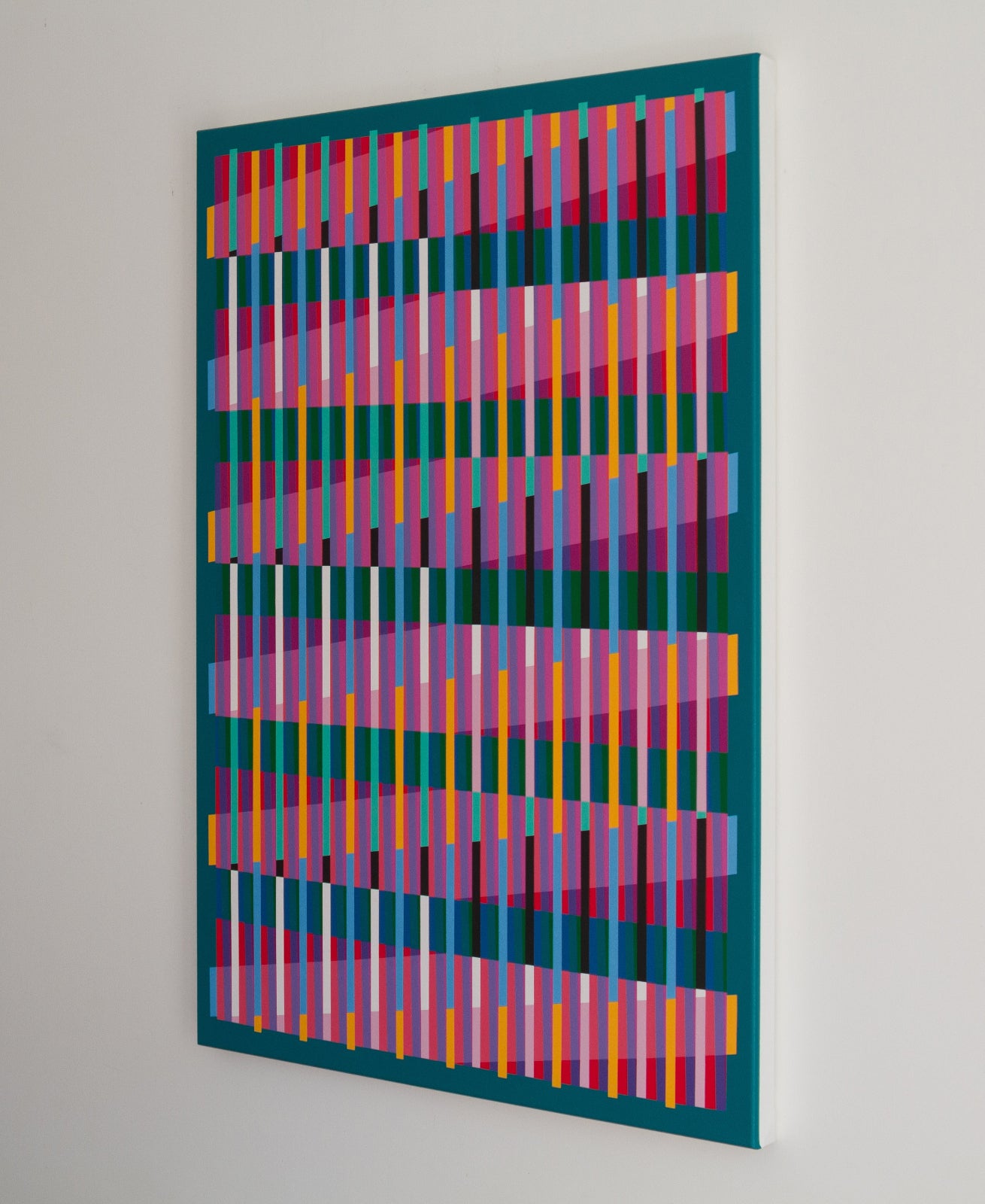 Right side view of “Lux Turquoise” – abstract painting featuring a colourful geometric pattern on a turquoise background.