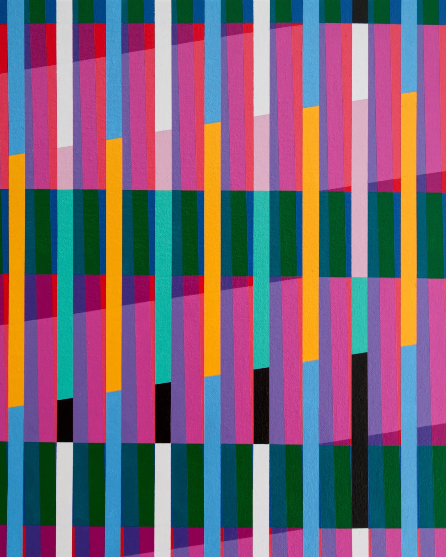 Close-up of Victoria Mardon’s Lux series – colourful geometric abstract painting with crisp lines and flat colour. Sharp detail of the composition’s pattern and structure.