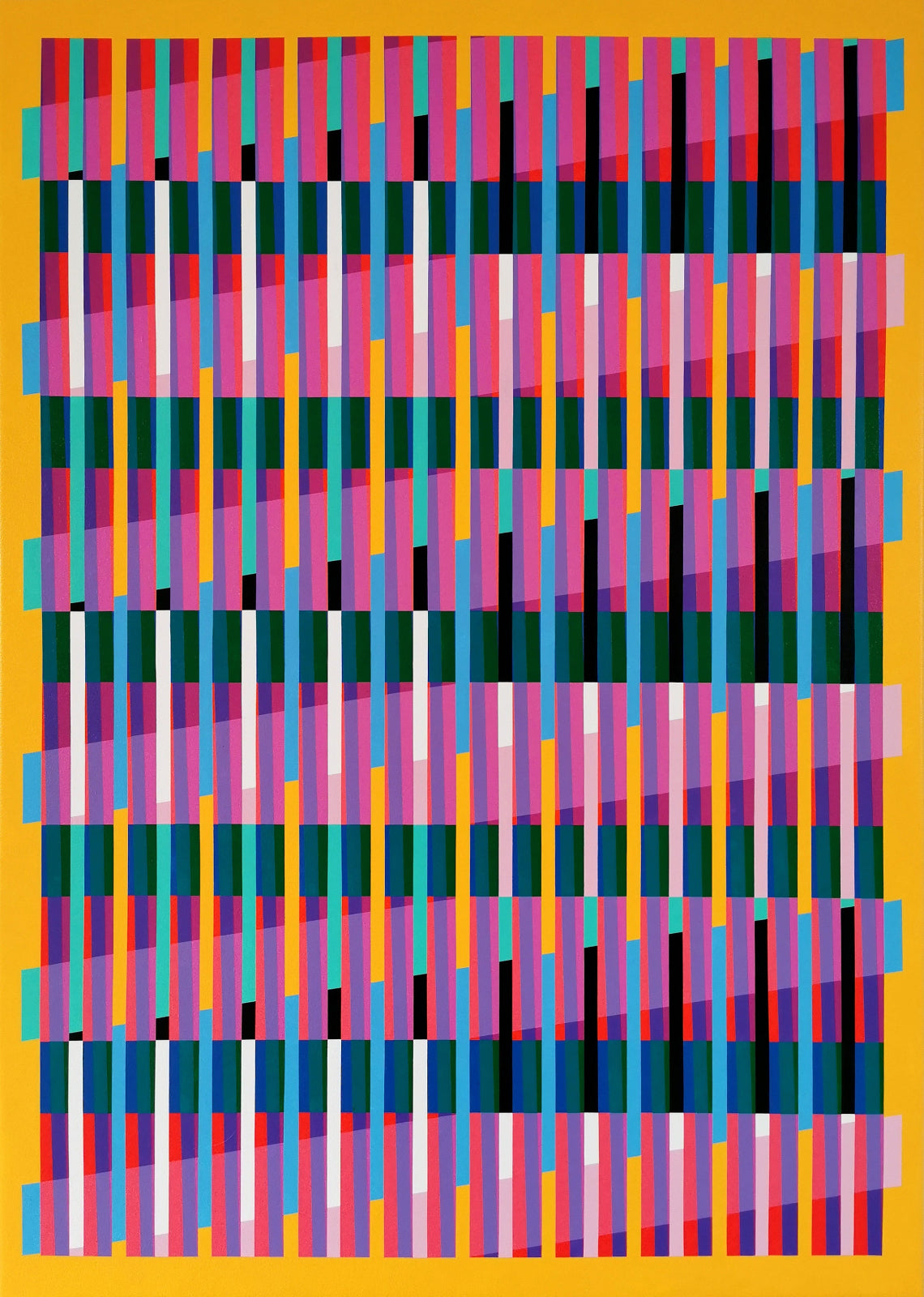 “Lux - Yellow” – abstract painting with a colourful geometric pattern on a vibrant yellow background. Original artwork by Victoria Mardon, 100 x 70 cm.