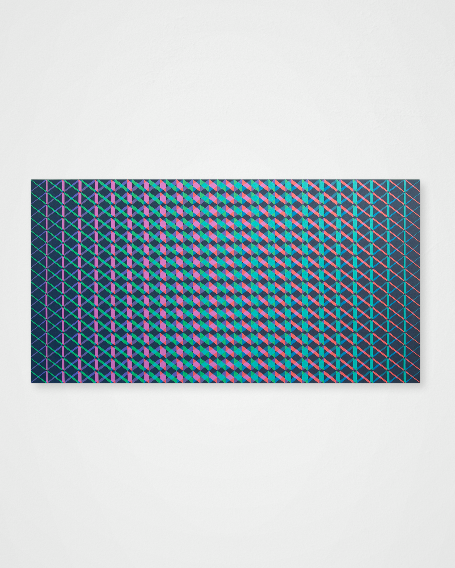 “Metamorphosis Pink to Turquoise” – an intricate abstract painting with complex geometric patterns and diagonal lines in pink and green on a dark background.