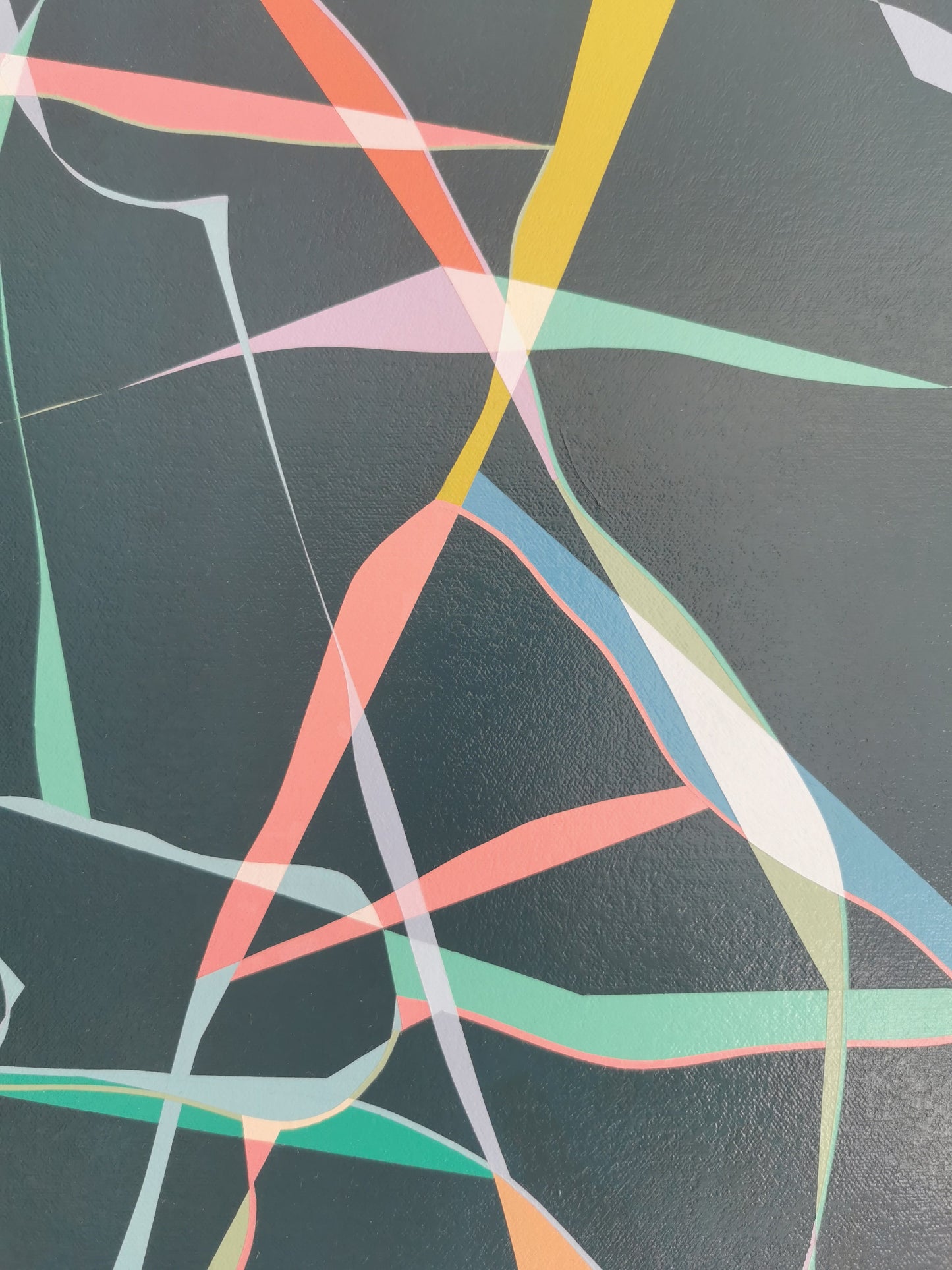 Close-up of “Pace” – an abstract painting featuring colourful, layered twisting lines on a dark background.