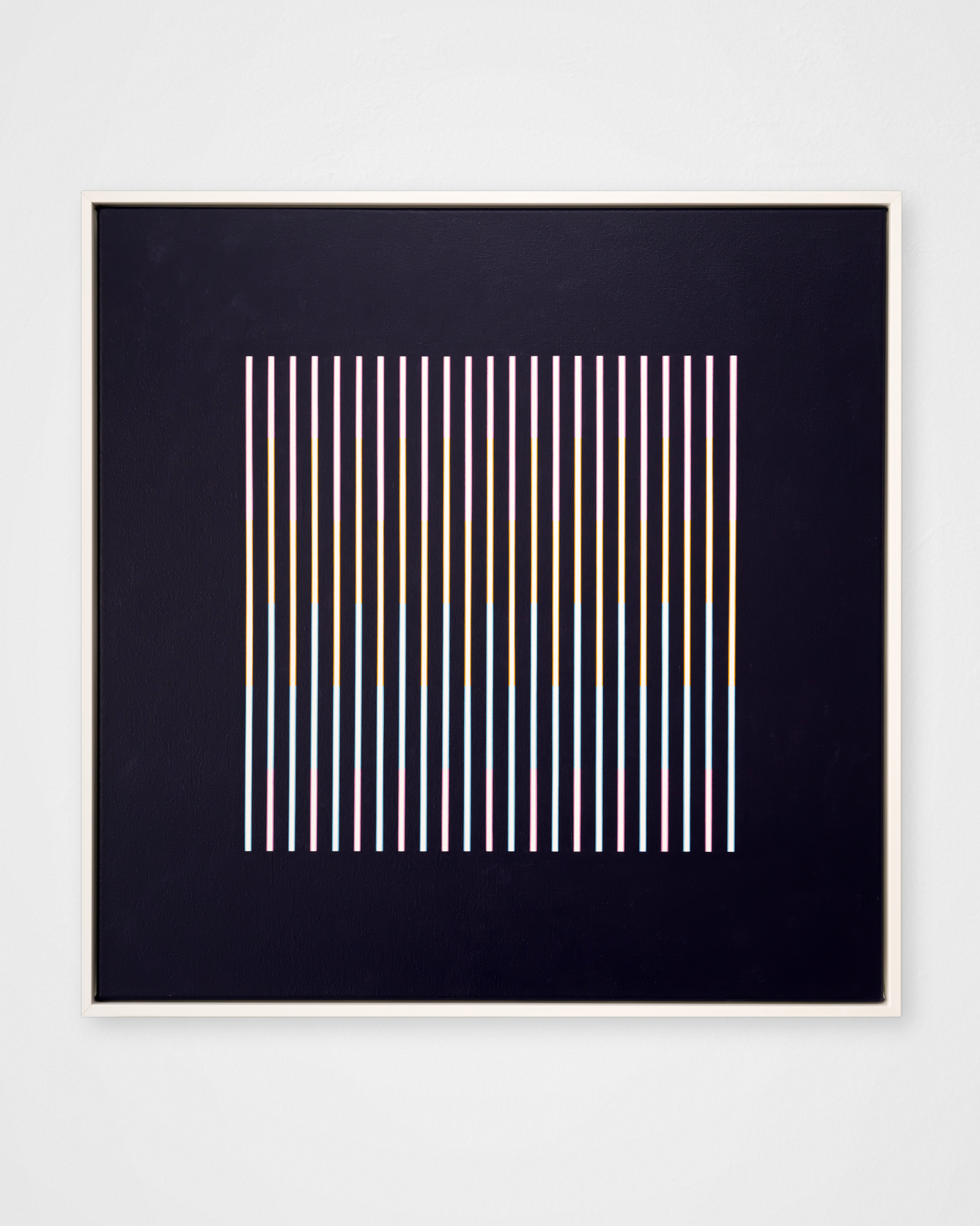 “Rainbow in the Dark (Dark)” – framed abstract artwork featuring vertical black and coloured bars on a white background. A bold, minimalist composition with optical effects.