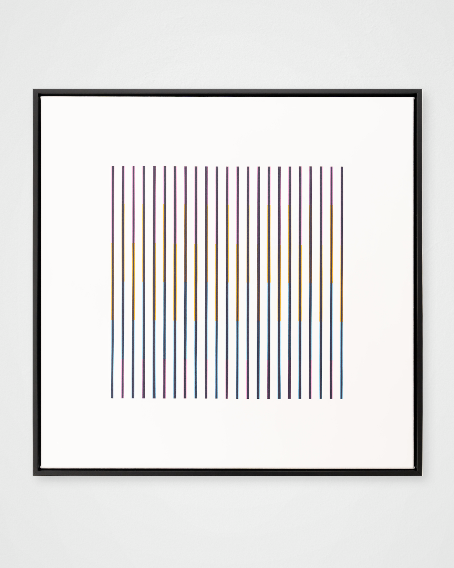 “Rainbow in the Dark (Light)” – framed abstract artwork featuring vertical black and coloured bars on a white background. A bold, minimalist composition with optical effects.