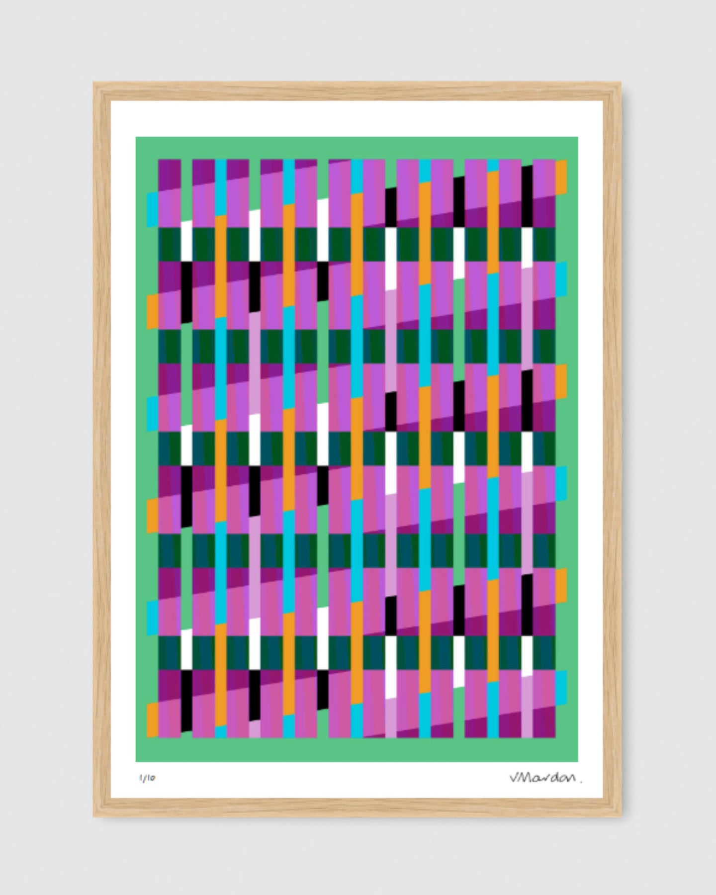 Green geometric abstract giclée print by Victoria Mardon in an oak frame displayed on a white wall