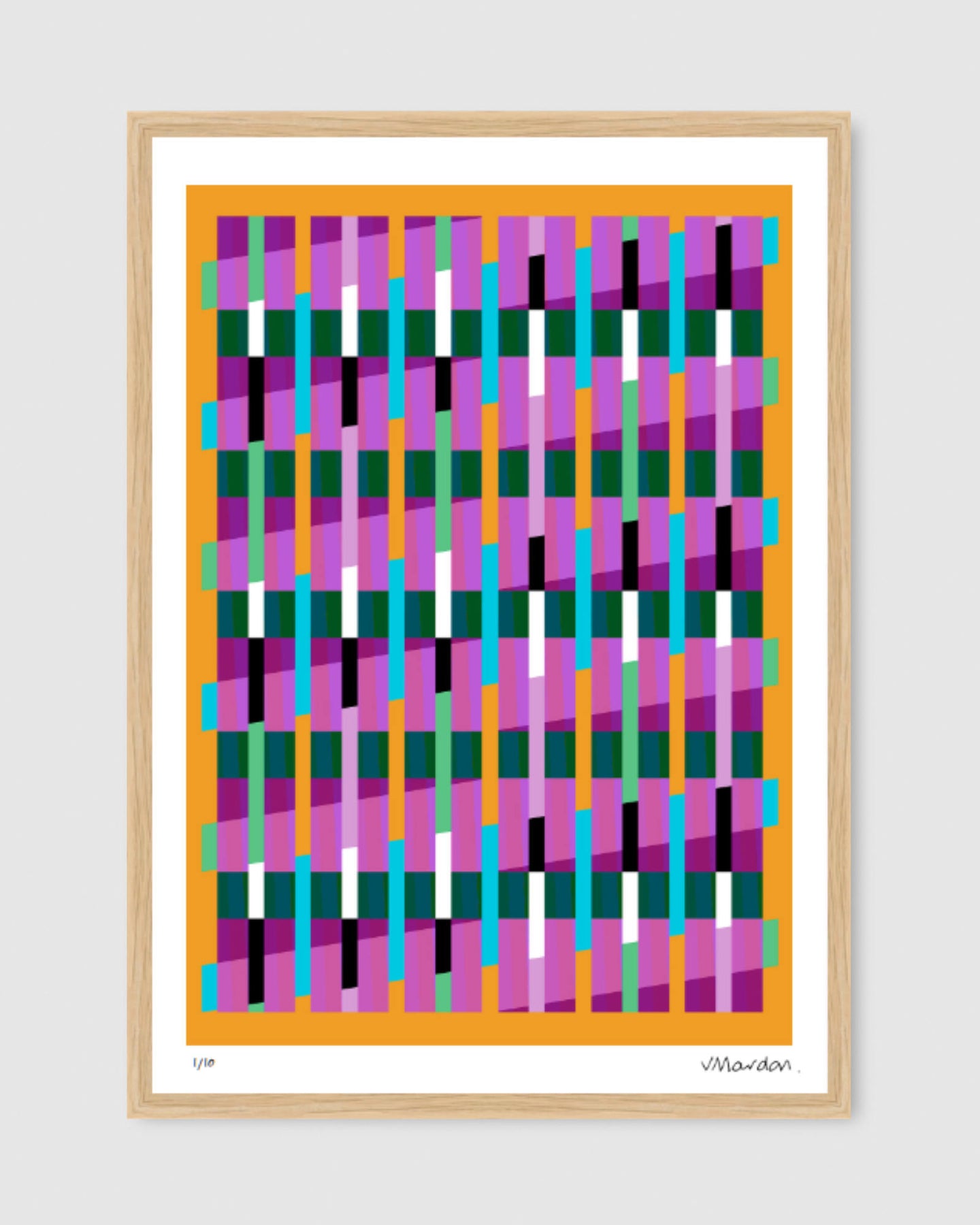 Yellow geometric abstract giclée print by Victoria Mardon in an oak frame displayed on a white wall