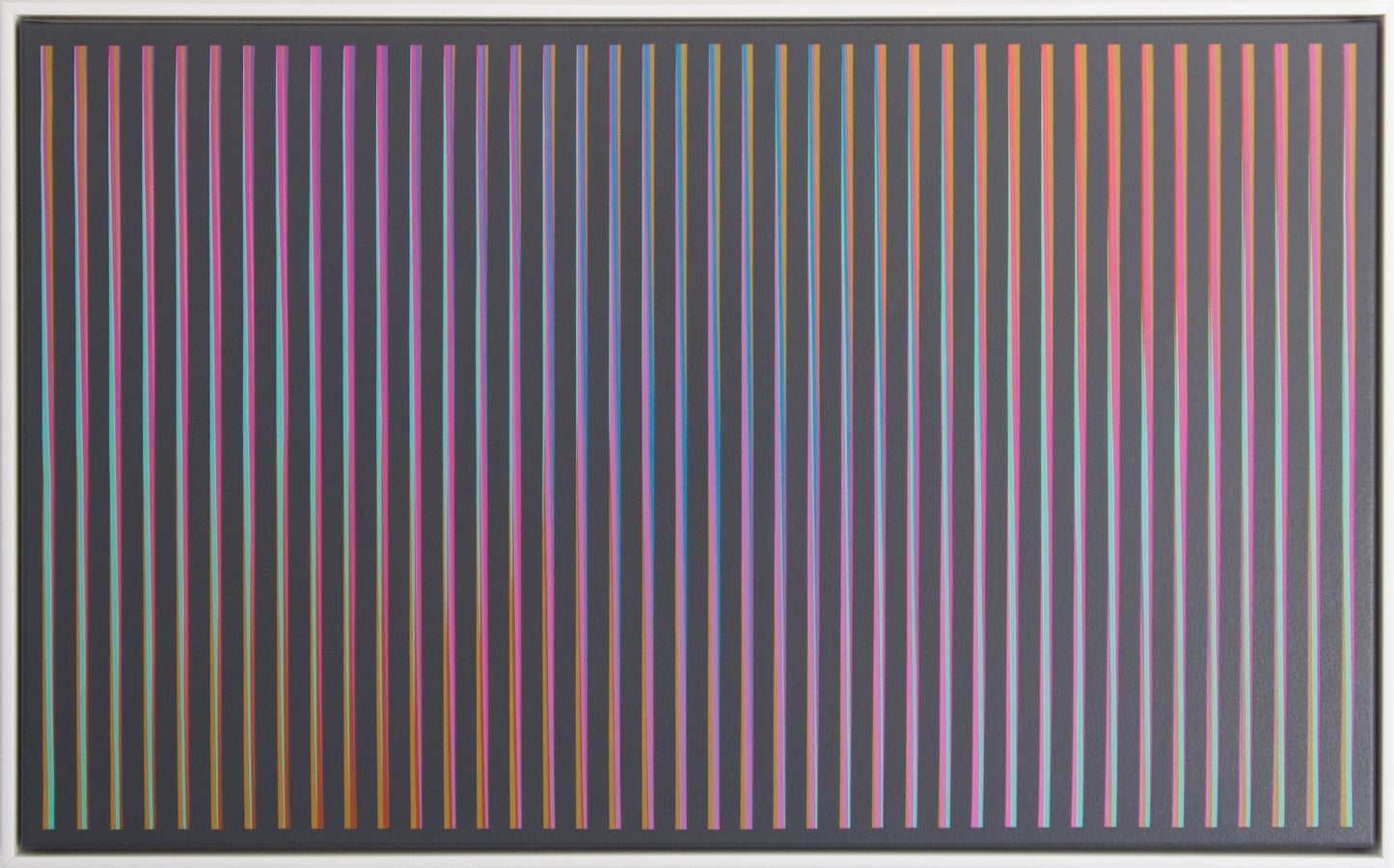 “Aurora Rainbow” – abstract painting with a dark background featuring vertical stripes transitioning in twists from pink to ochre.