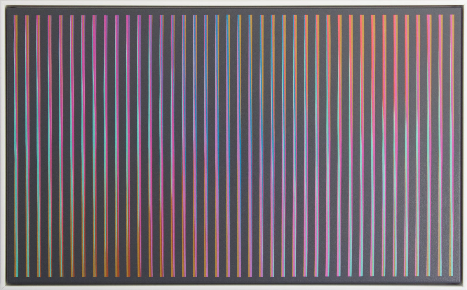 “Aurora Rainbow” – abstract painting with a dark background featuring vertical stripes transitioning in twists from pink to ochre.