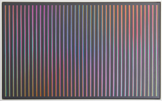 “Aurora Rainbow” – abstract painting with a dark background featuring vertical stripes transitioning in twists from pink to ochre.