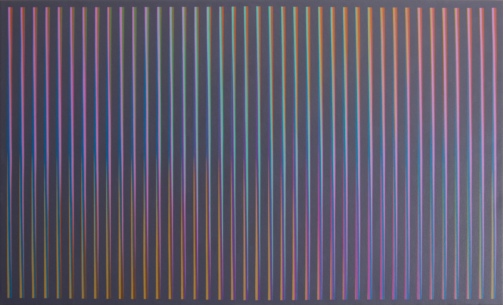 “Aurora (Rust and Navy)” – abstract painting with a dark background featuring vertical stripes transitioning in a twist from blue to purple.