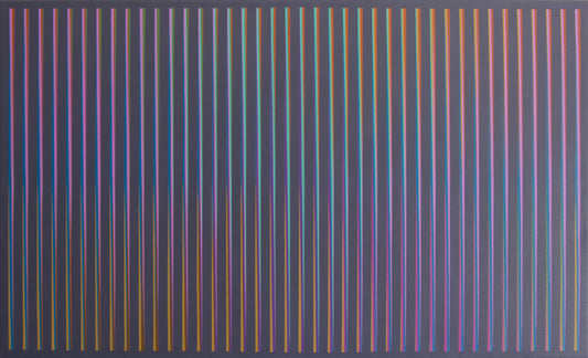 “Aurora (Rust and Navy)” – abstract painting with a dark background featuring vertical stripes transitioning in a twist from blue to purple.
