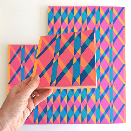 “B PV19 PR122” – one module from Victoria Mardon’s B.E.L.O.N.G.I.N.G series held in front of the full artwork. Colourful geometric pattern on canvas, shown in context.