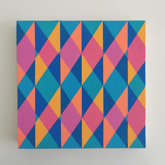 “E PG7/PB15:3 – PB15:3/PG7” – small abstract canvas painting with a geometric pattern in blue, pink and orange on a white background. Part of the B.E.L.O.N.G.I.N.G modular series by Victoria Mardon.