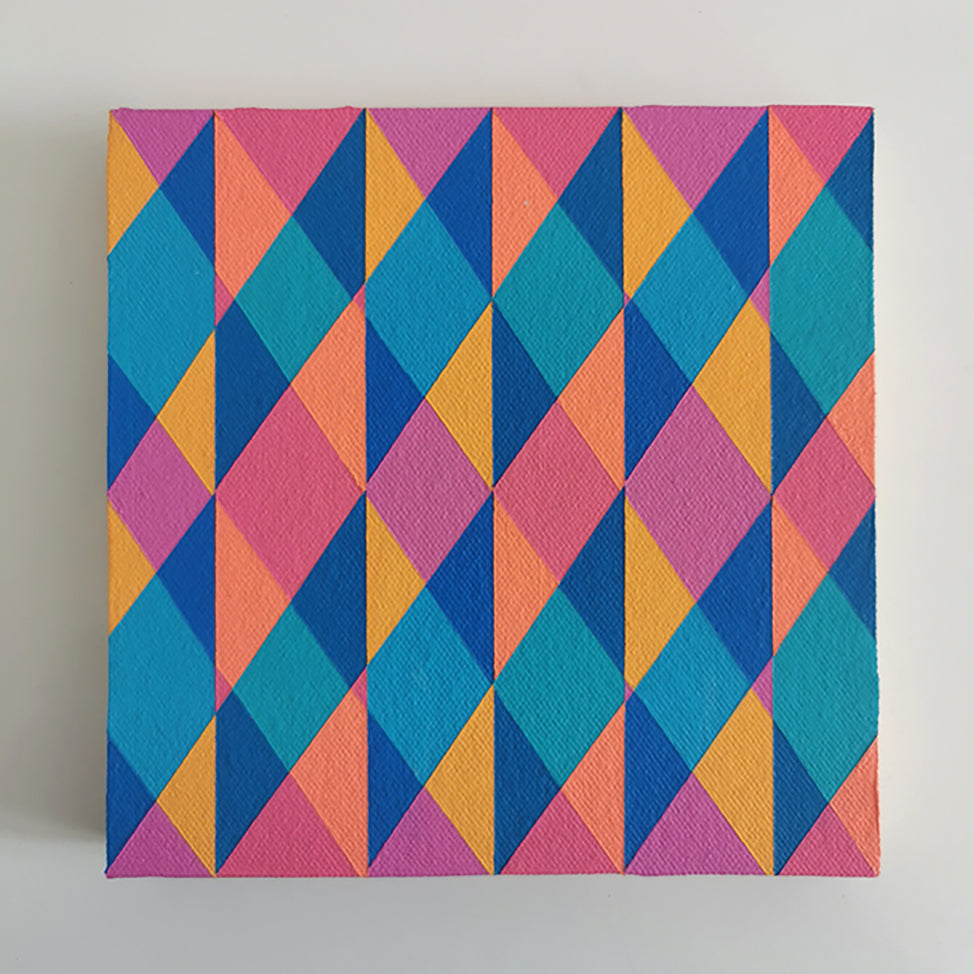 “E PV19 PR122” – small abstract canvas painting with a geometric pattern in pink, teal and yellow on a white background. Part of the B.E.L.O.N.G.I.N.G modular series by Victoria Mardon.