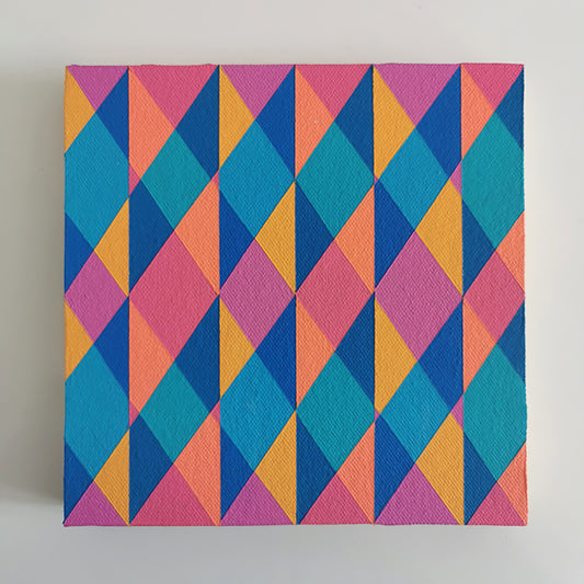 “E PV19 PR122” – small abstract canvas painting with a geometric pattern in pink, teal and yellow on a white background. Part of the B.E.L.O.N.G.I.N.G modular series by Victoria Mardon.