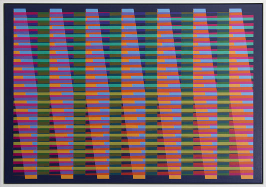 “Flux” – colourful abstract painting featuring horizontal stripes on a dark background. Dynamic interplay of vibrant colours and rhythmic patterns.