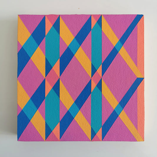 “G1 PV19 PR122” – small abstract canvas painting with a geometric pattern in pink, teal and yellow on a white background. Part of the B.E.L.O.N.G.I.N.G modular series by Victoria Mardon.