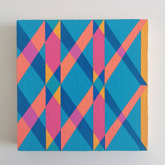 “G2 PG7/PB15:3 – PB15:3/PG7” – small abstract canvas painting with a geometric pattern in blue, pink and orange on a white background. Part of the B.E.L.O.N.G.I.N.G modular series by Victoria Mardon.