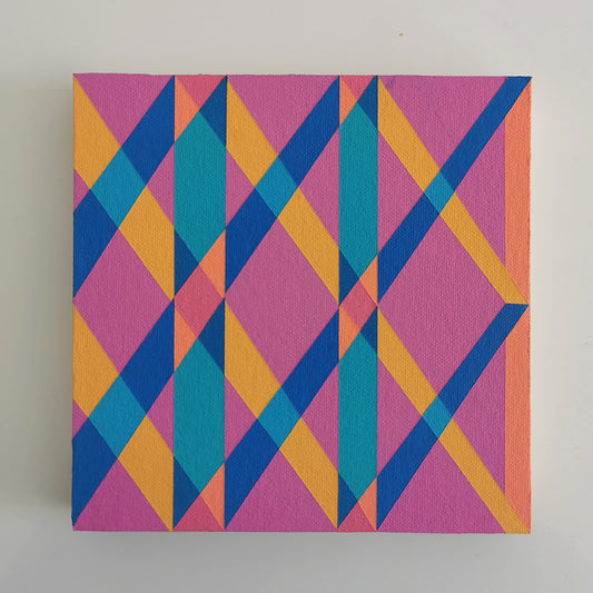 “G2 PV19 PR122” – small abstract canvas painting with a geometric pattern in pink, teal and yellow on a white background. Part of the B.E.L.O.N.G.I.N.G modular series by Victoria Mardon.