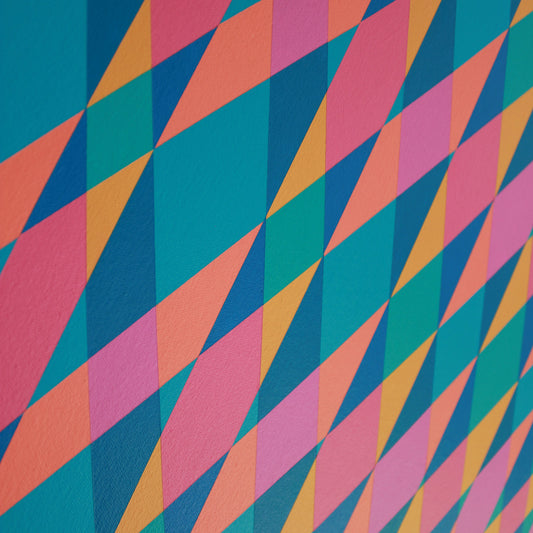 Close-up of “Gateways to Now” (Blue) – abstract painting with a colourful geometric pattern and diagonal stripes on a rich blue background. 