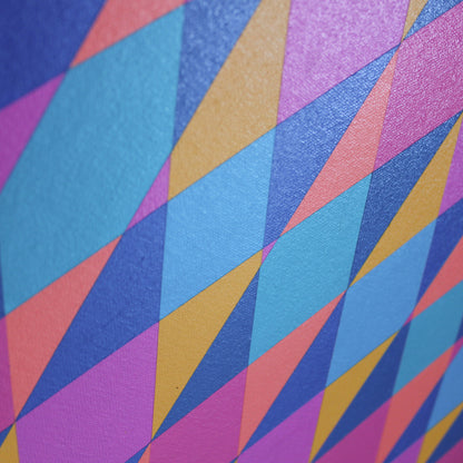 Close-up of “Gateways to Now” (Pink) – abstract painting with a colourful geometric pattern and diagonal stripes on a rich blue background. 