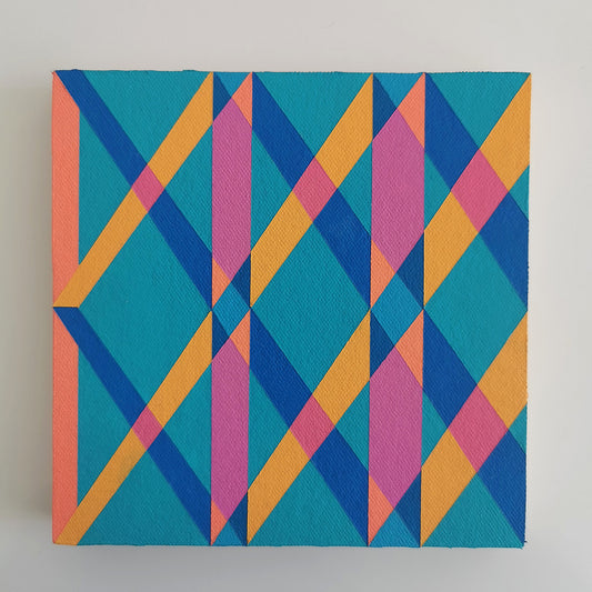“I PG7/PB15:3 – PB15:3/PG7” – small abstract canvas painting with a geometric pattern in blue, pink and orange on a white background. Part of the B.E.L.O.N.G.I.N.G modular series by Victoria Mardon.
