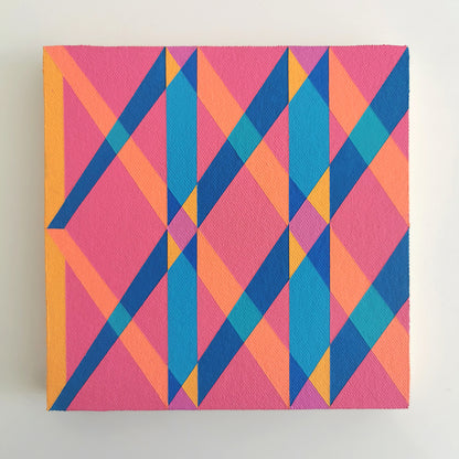 “I PV19 PR122” – small abstract canvas painting with a geometric pattern in pink, teal and yellow on a white background. Part of the B.E.L.O.N.G.I.N.G modular series by Victoria Mardon.