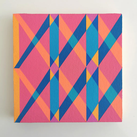 “I PV19 PR122” – small abstract canvas painting with a geometric pattern in pink, teal and yellow on a white background. Part of the B.E.L.O.N.G.I.N.G modular series by Victoria Mardon.