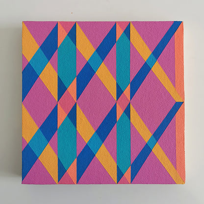“L PV19 PR122” – small abstract canvas painting with a geometric pattern in pink, teal and yellow on a white background. Part of the B.E.L.O.N.G.I.N.G modular series by Victoria Mardon.